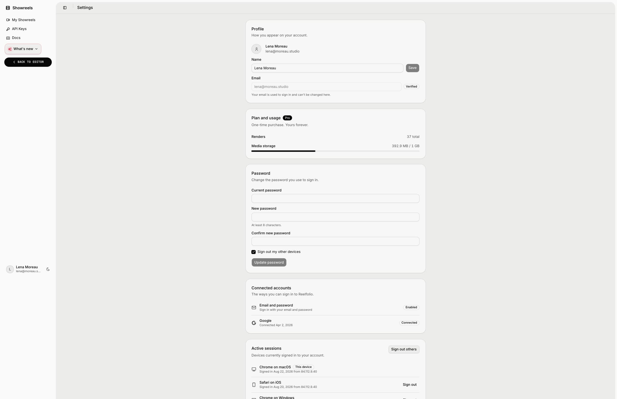 The account settings page: profile, plan and usage, password, connected accounts, and active sessions