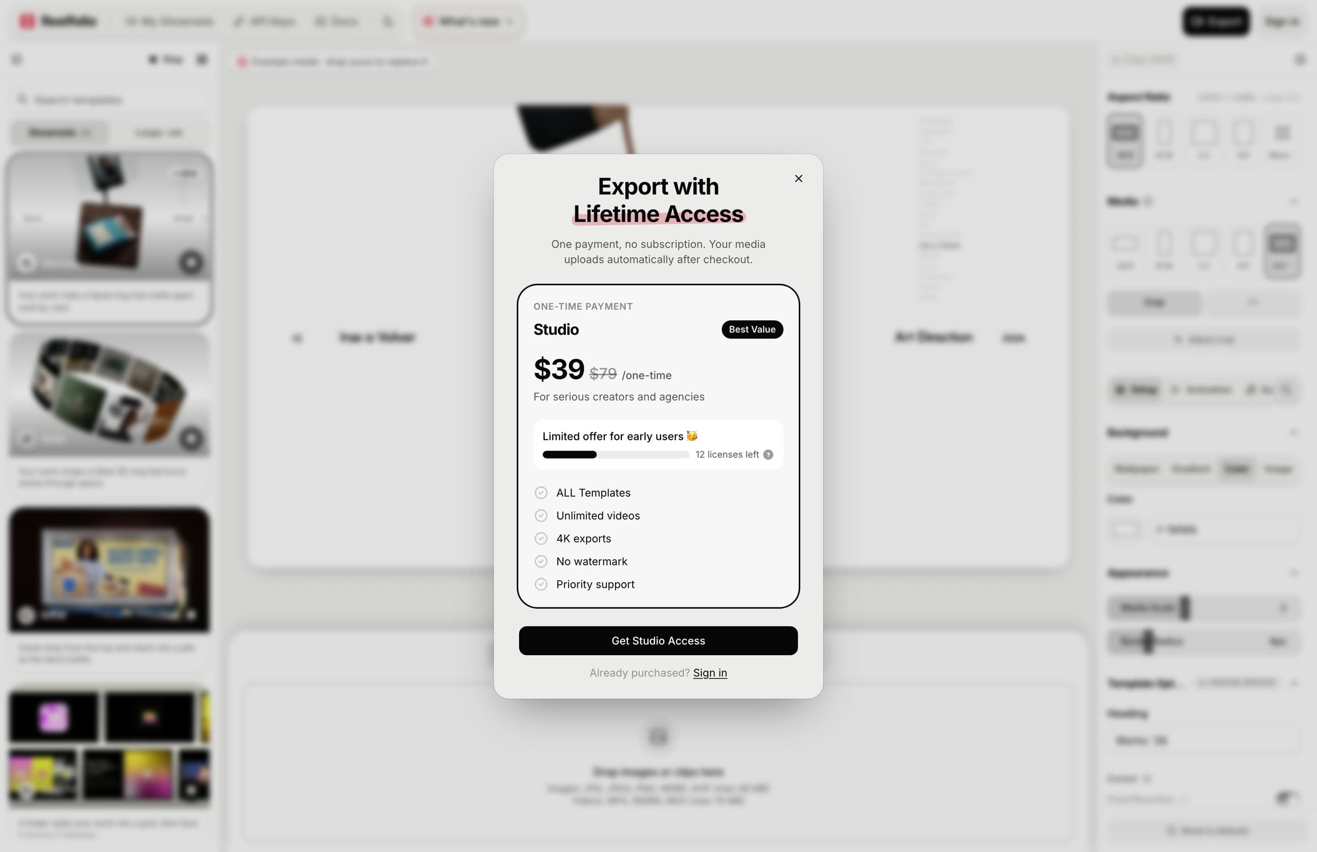 The editor open as a guest, with the Studio lifetime-access offer shown at export
