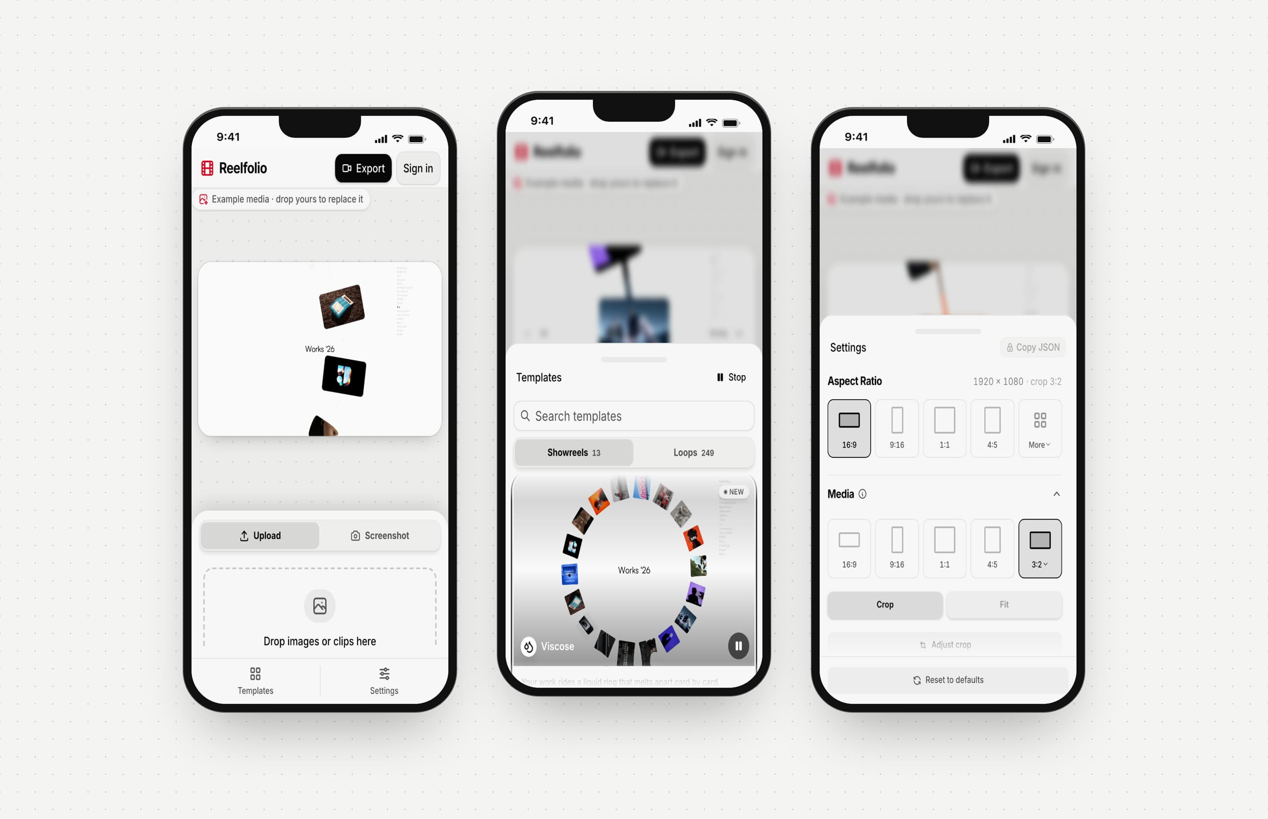 Three phone screens of the mobile editor: the reel with the media dock, the Templates sheet, and the Settings sheet