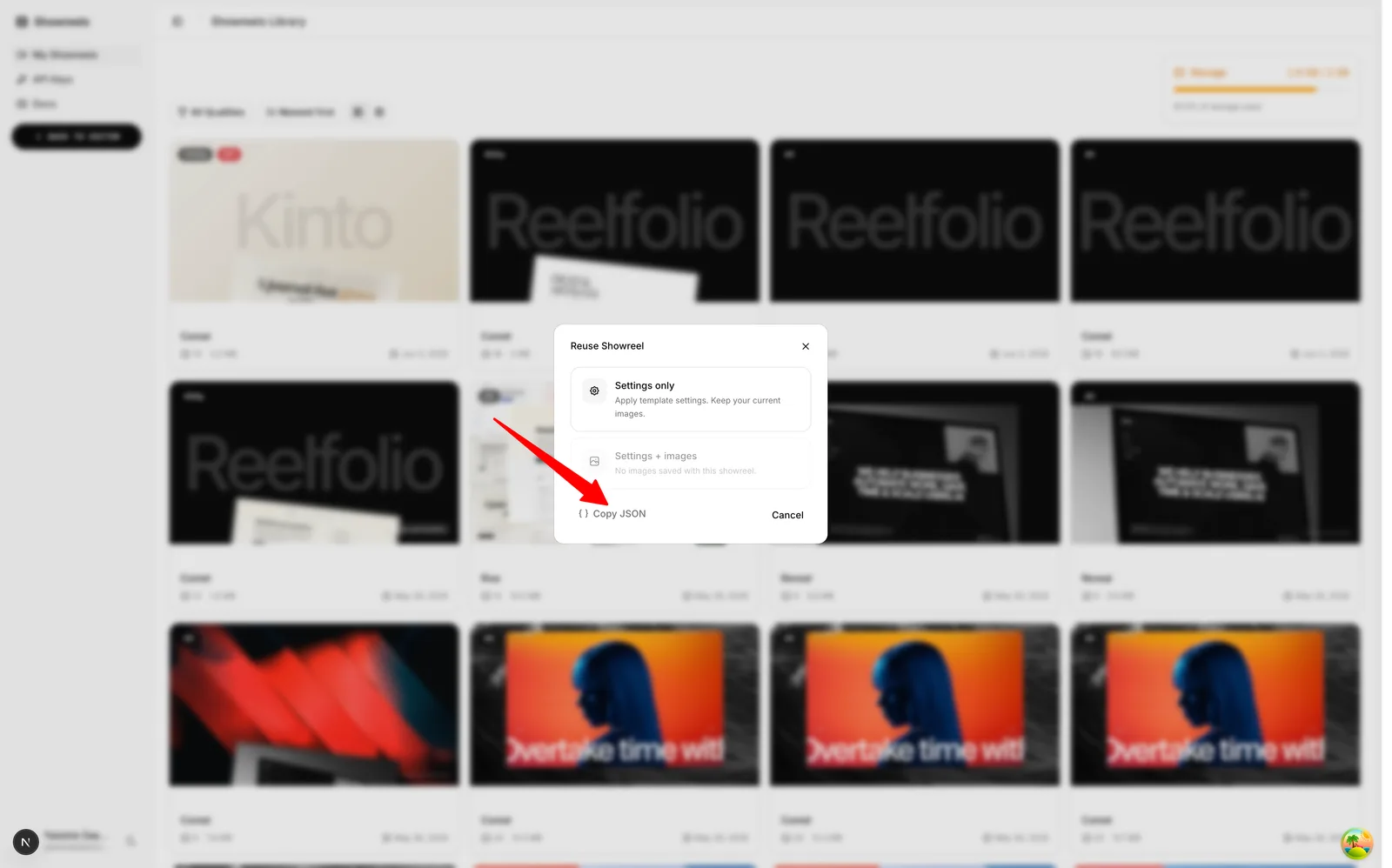 Copy JSON in a saved showreel's Reuse dialog