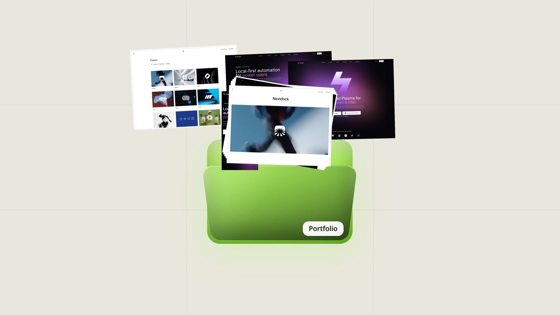 Folio template preview — A folder spills your work into a grid, showcases each piece, then gathers it all back and fans it across a two-row marquee.