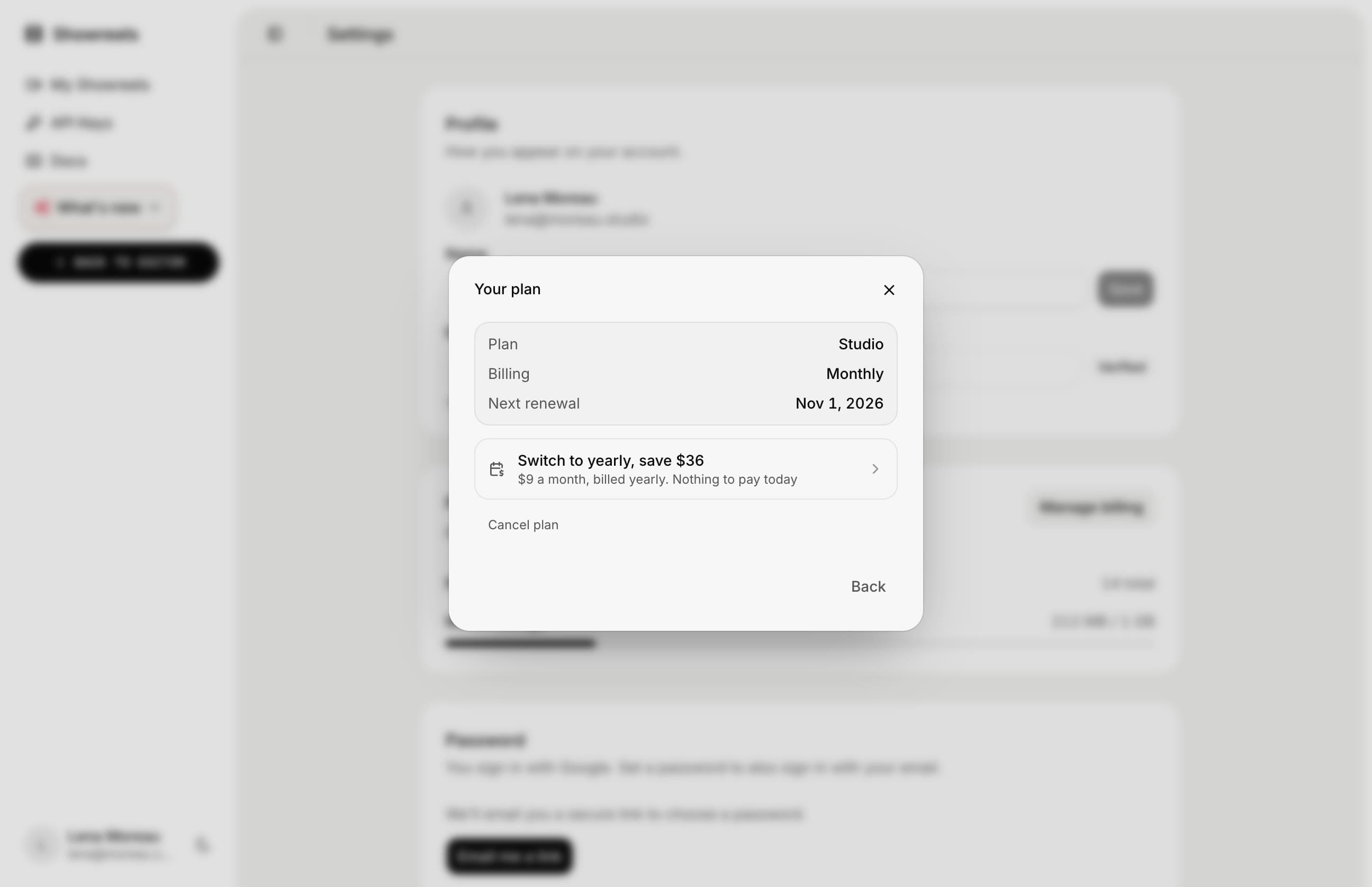The Your plan screen in Settings with the plan summary, Switch to yearly and a Cancel plan link
