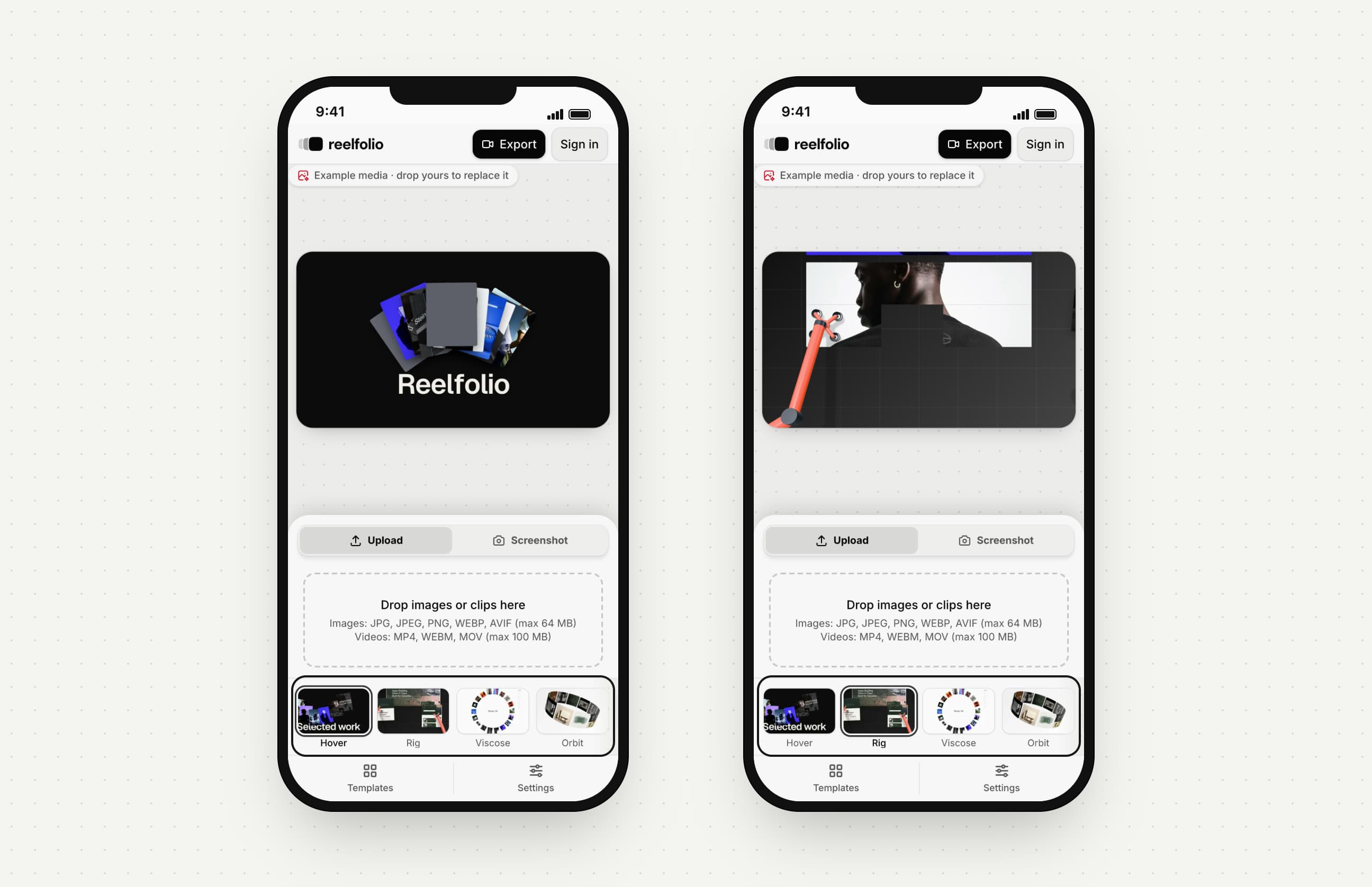 Two phone screens of the editor with the template row under the upload area, first on Hover and then on Rig