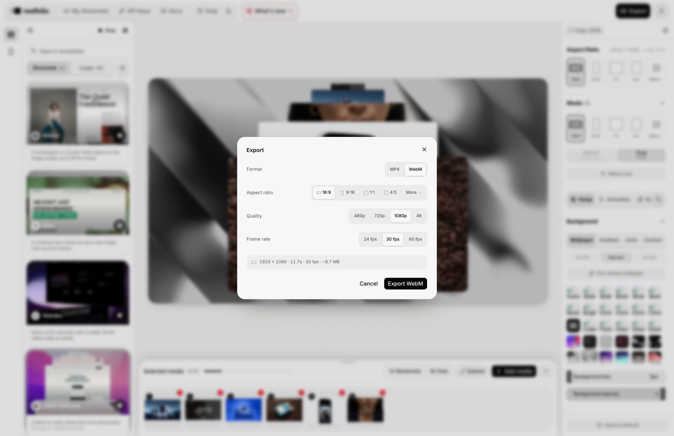 The Export dialog on a showreel with WebM picked under Format