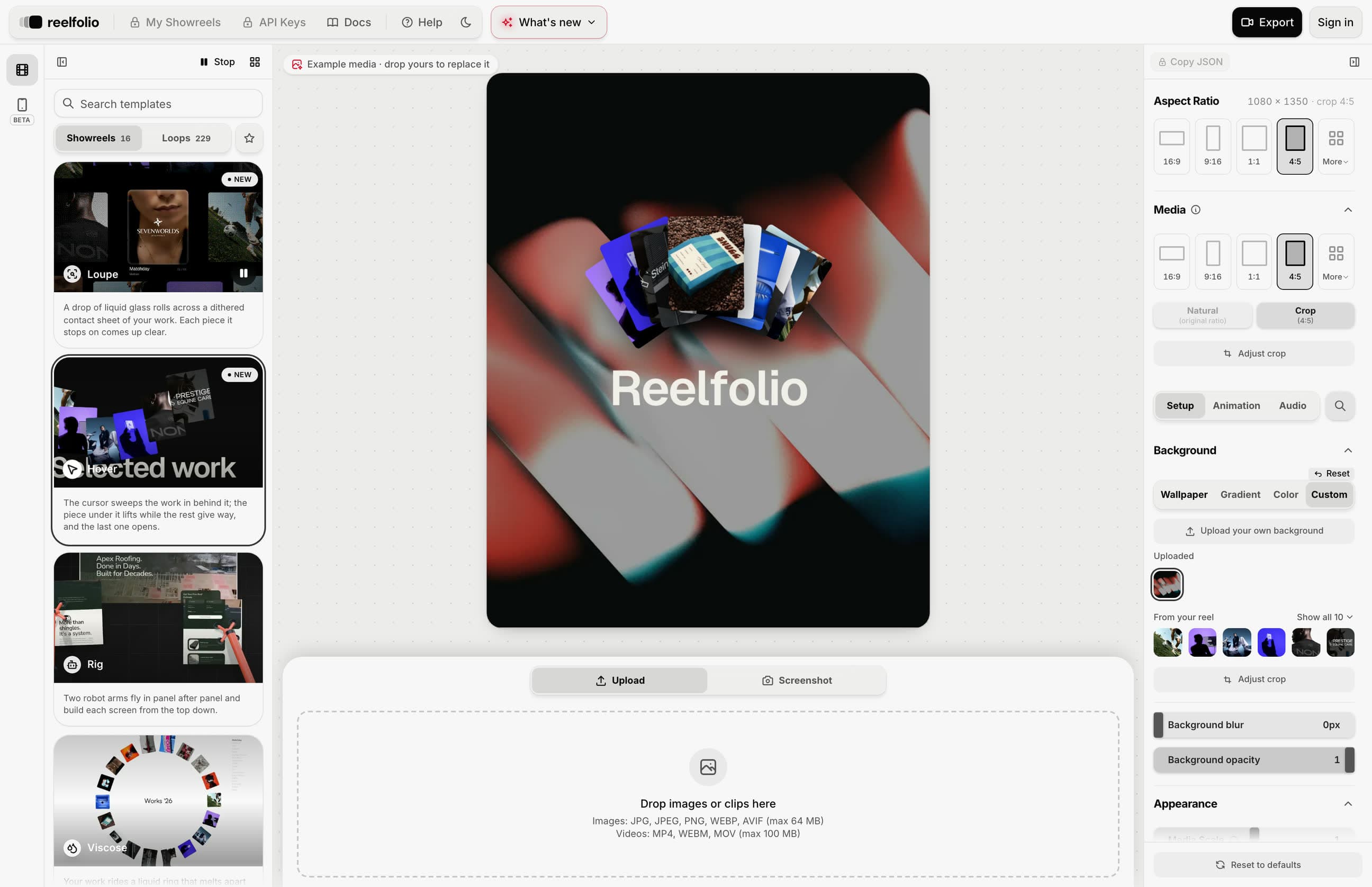 The Hover template with an uploaded background behind the cards, and the Background settings showing the uploaded image and a Reset button