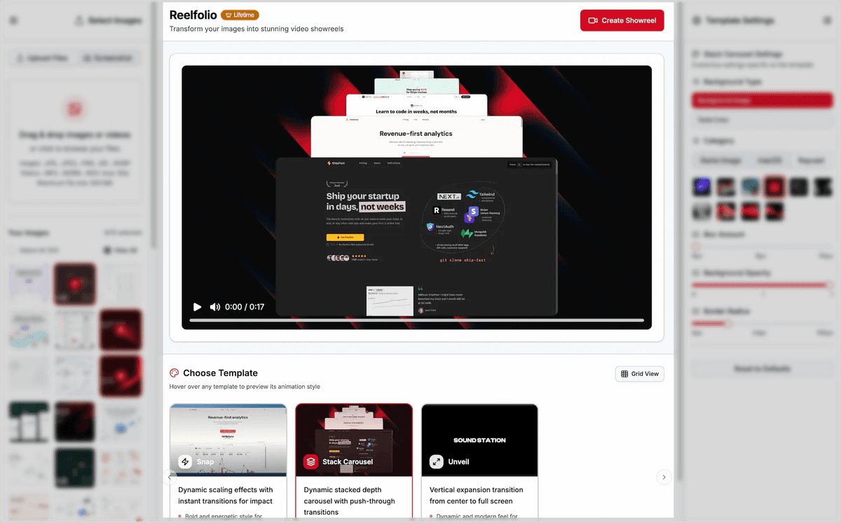 Example highlight showing Reelfolio dashboard with lens effect