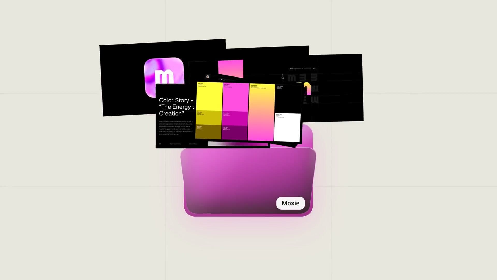 Folio template preview — A folder spills your work into a grid, then fans it across a marquee.