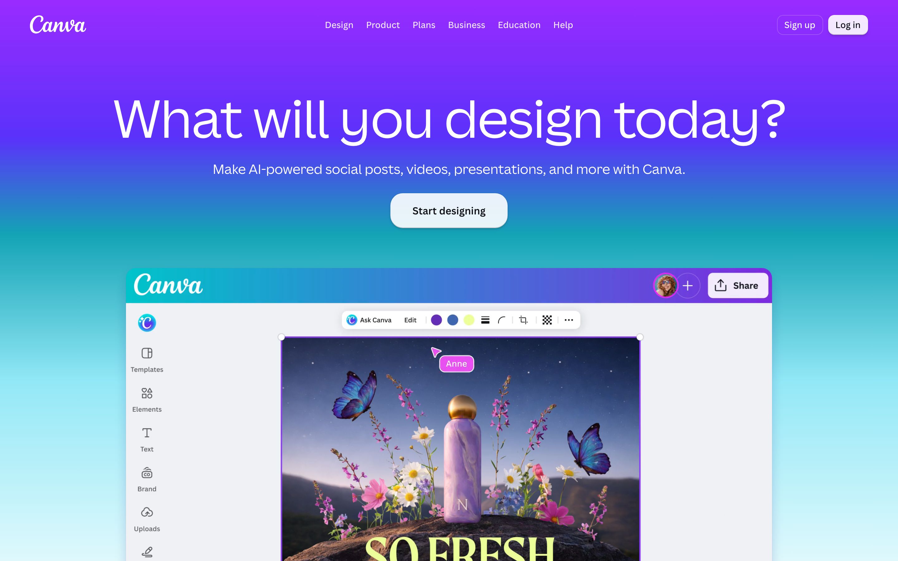 The Canva homepage, with its editor open on a social post