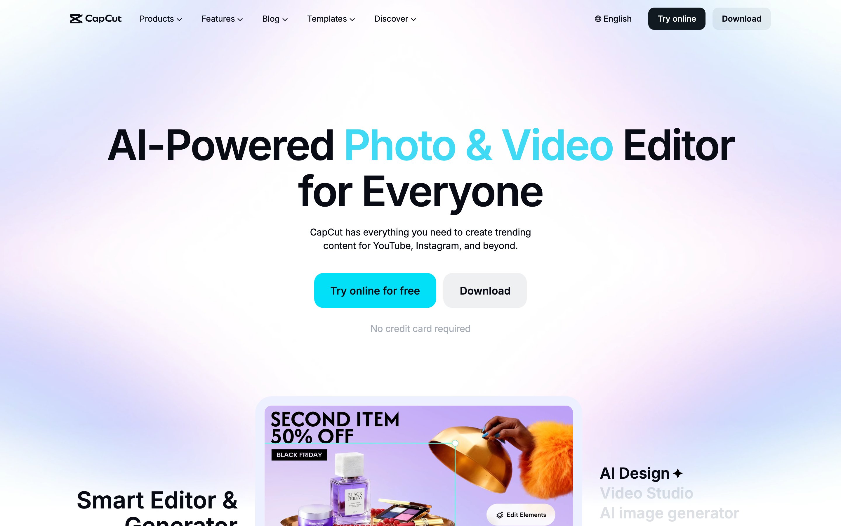 The CapCut homepage: an AI-powered photo and video editor for everyone