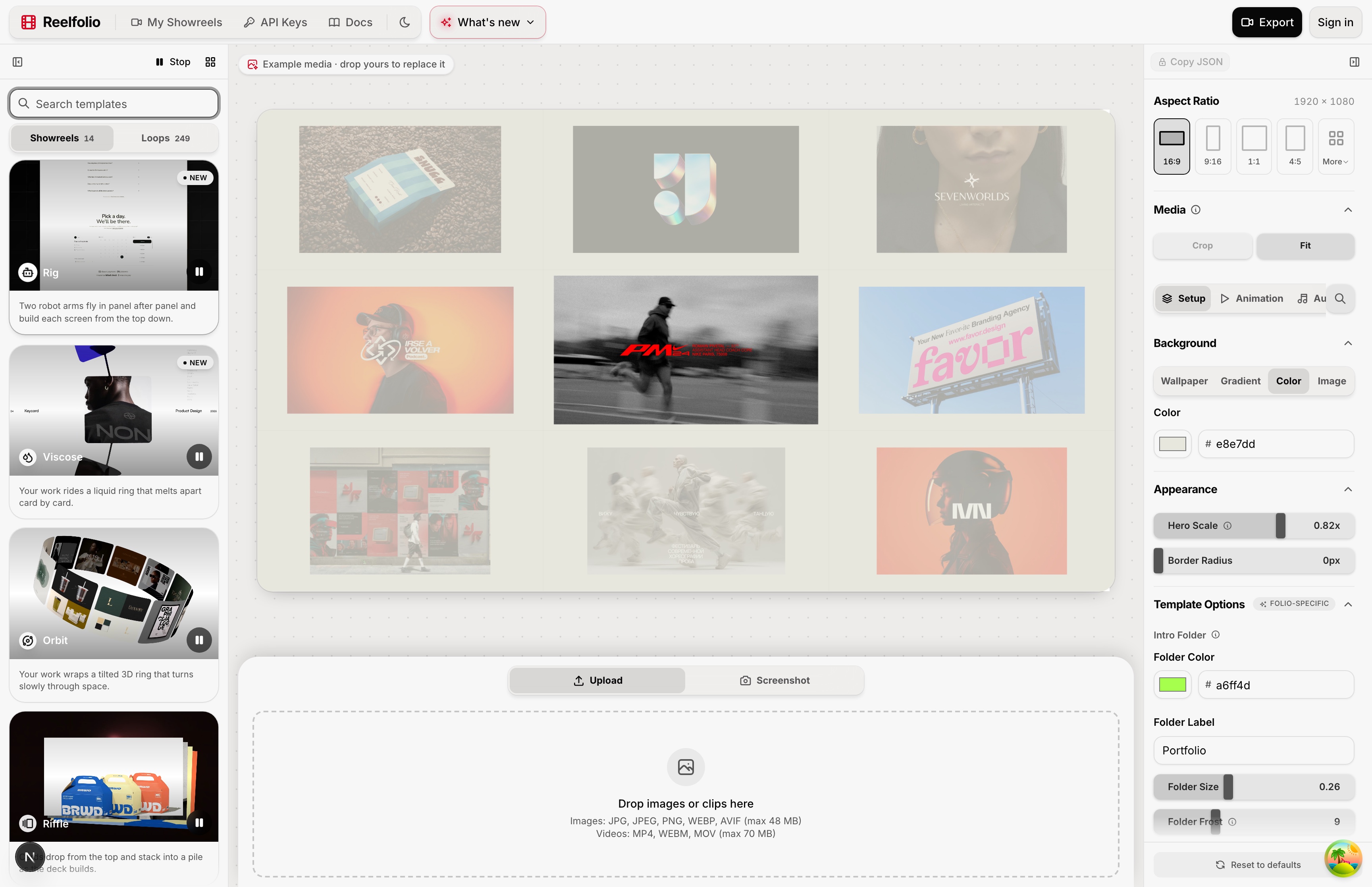 The Reelfolio editor with the Folio template fanning media across the canvas