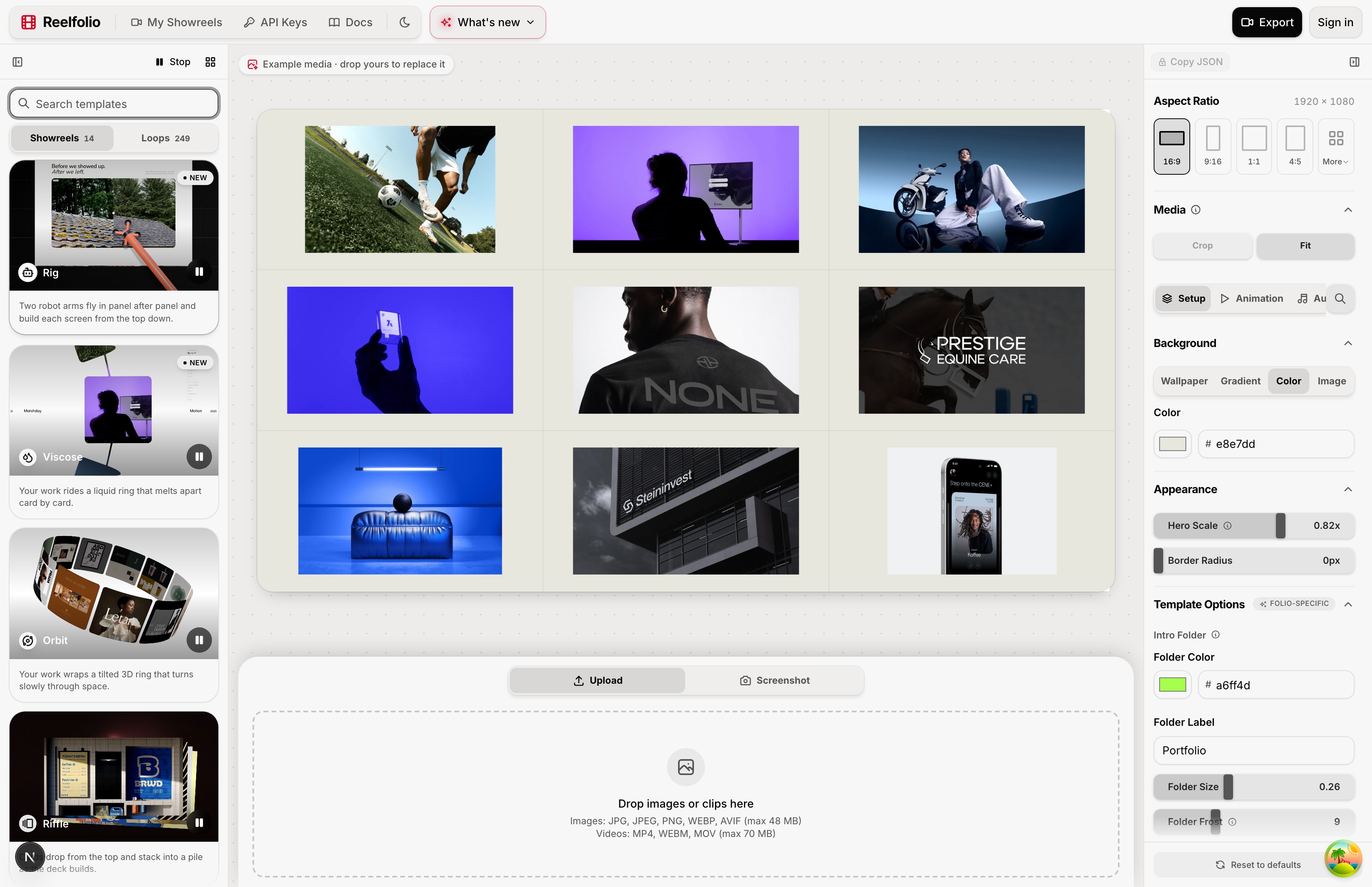 The Reelfolio editor with media, template picker, and a live preview