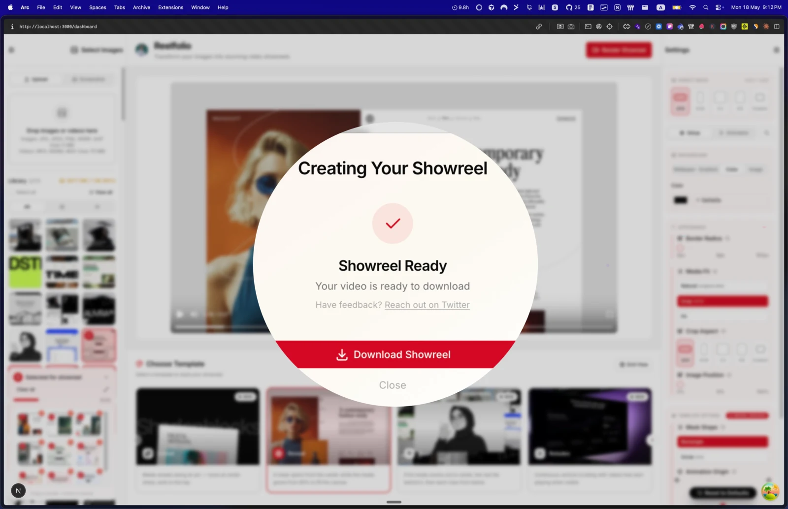 Reelfolio Showreel Ready dialog, with lens highlight