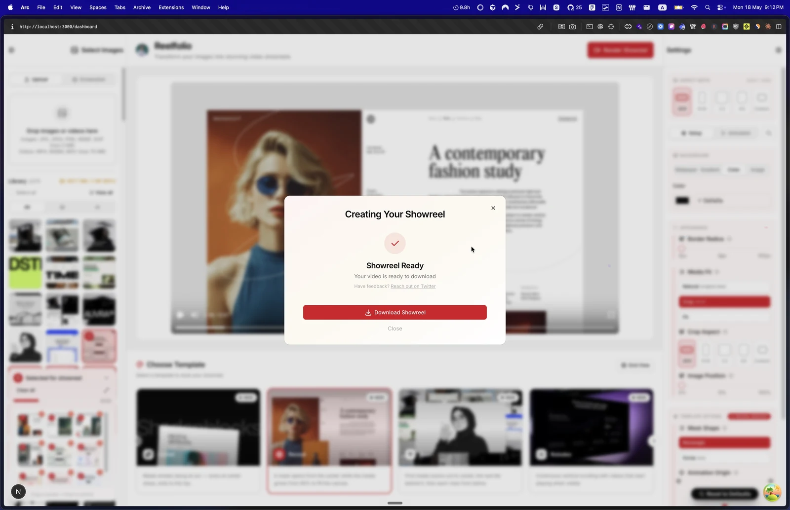 Reelfolio Showreel Ready dialog, before highlight